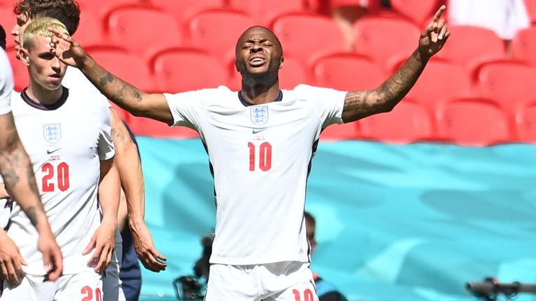 Soccer Football - Euro 2020 - Group D - England v Croatia - Wembley Stadium, London, Britain - June 13, 2021 England&#39;s Raheem Sterling celebrates scoring their first goal Pool via REUTERS/Andy Rain