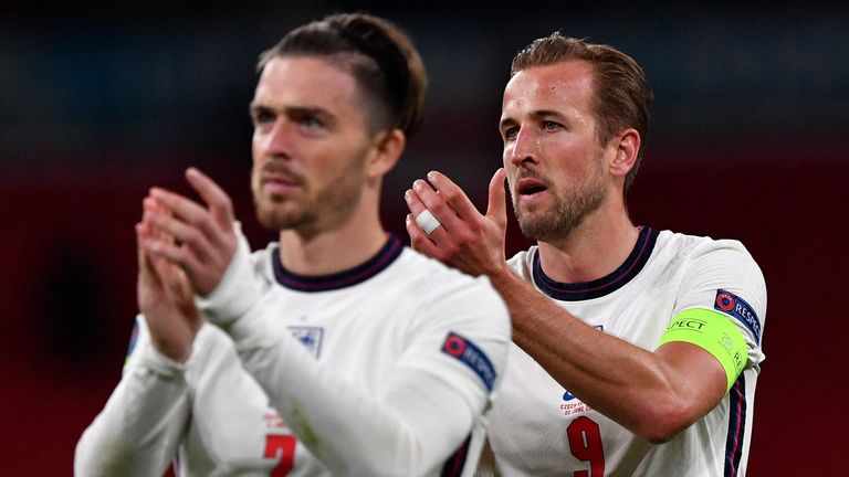 Jack Grealish and Harry Kane applaud the England fans after the Czech game Pic: AP