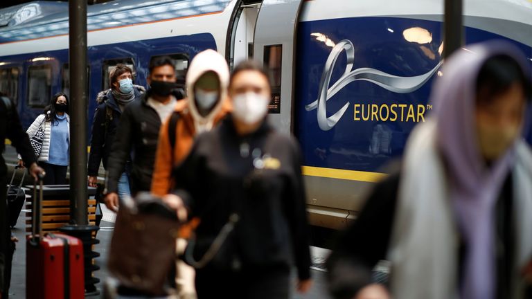 Passengers arrive at the Eurostar terminal at Gare du Nord train station