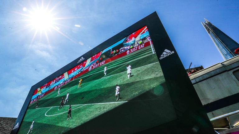 General view of the big screen at the Vinegar Yard, London as fans watch the UEFA Euro 2020 Group D match between England and Croatia held at Wembley Stadium. Picture date: Sunday June 13, 2021.