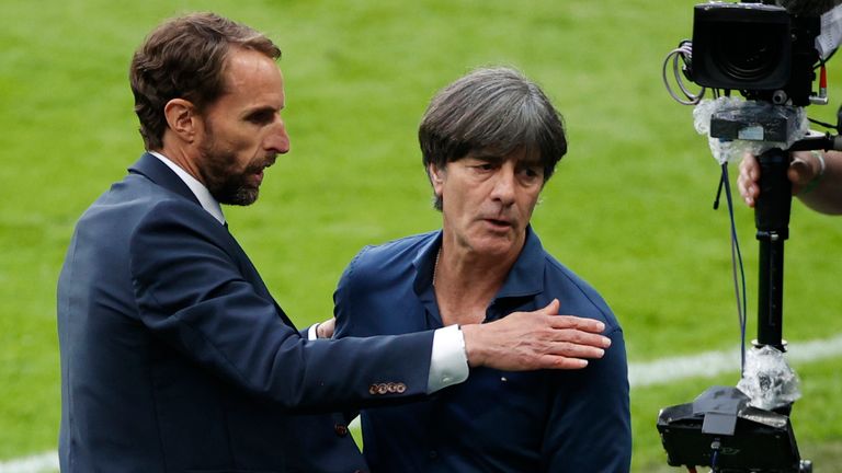 Soccer Football - Euro 2020 - Round of 16 - England v Germany - Wembley Stadium, London, Britain - June 29, 2021 England manager Gareth Southgate and Germany coach Joachim Loew after the match Pool via REUTERS/John Sibley