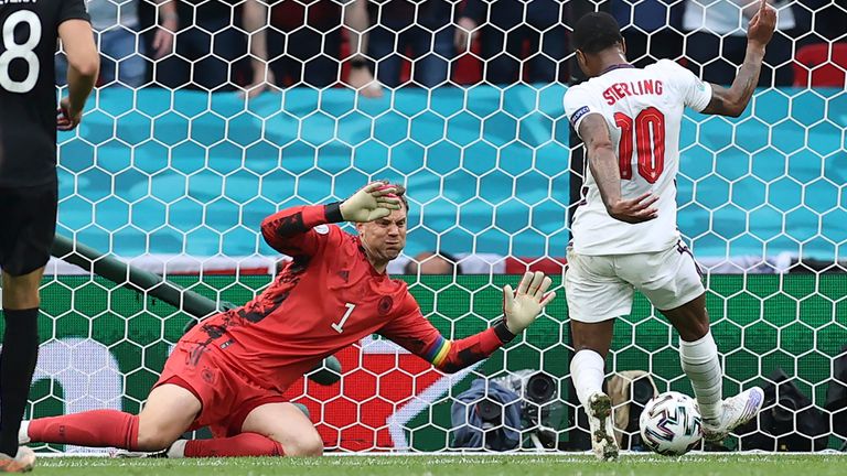 Raheem Sterling scores England&#39;s first goal. Pic: Christian Charisius/picture-alliance/dpa/AP 