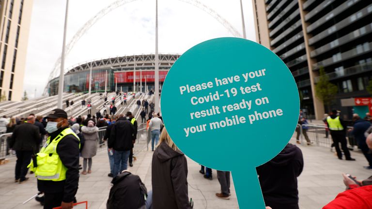 Soccer Football - FA Cup Final - Chelsea v Leicester City - Wembley Stadium, London, Britain - May 15, 2021 General view of a sign in reference to Covid-19 test results seen outside the stadium before the match, as 21,000 fans will be in attendance because the FA Cup final is part of the UK government test events Action Images via Reuters/John Sibley