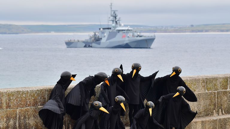 XR Protesters, wearing blackbird costumes in St Ives, during the G7 summit in Cornwall. Picture date: Friday June 11, 2021.