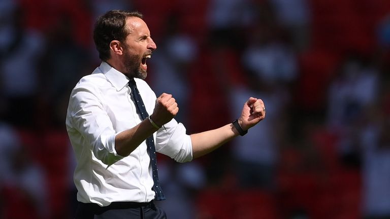 England v Croatia - Wembley Stadium, London, Britain - June 13, 2021 England manager Gareth Southgate celebrates after the match Pool via REUTERS/Laurence Griffiths