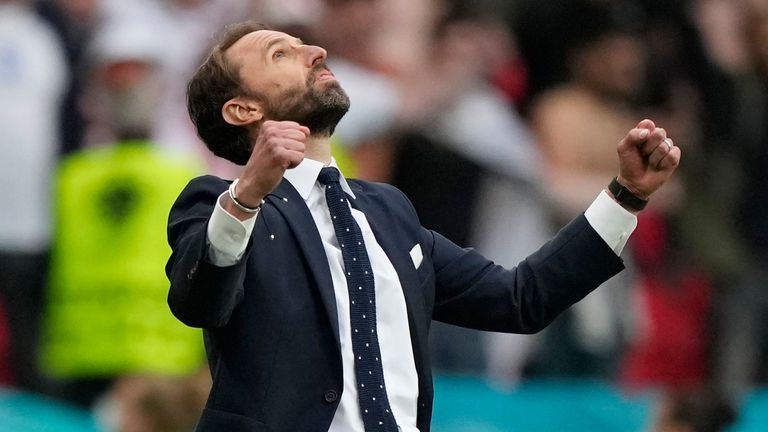 Soccer Football - Euro 2020 - Round of 16 - England v Germany - Wembley Stadium, London, Britain - June 29, 2021 England&#39;s Gareth Southgate celebrates at the end of the match Pool via REUTERS/Frank Augstein