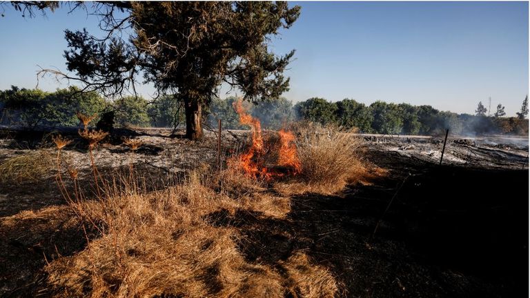 A field on fire is seen after Palestinians in Gaza sent incendiary balloons over the border between Gaza and Israel