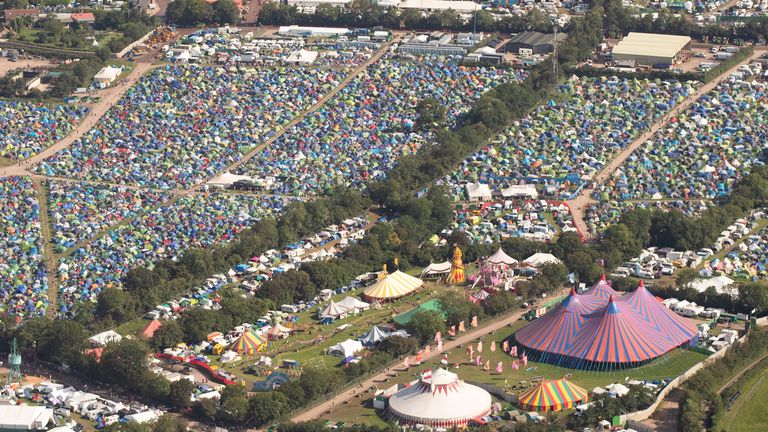 Aerial view of tents at the Glastonbury Festival at Worthy Farm, Somerset, in June 2019