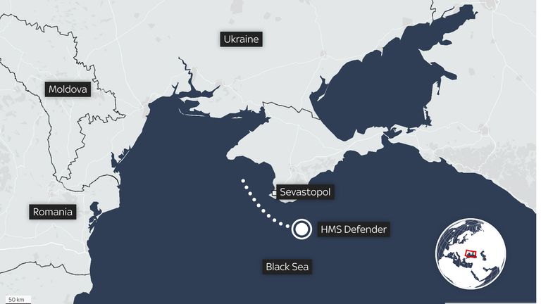 A map showing the route of HMS Defender