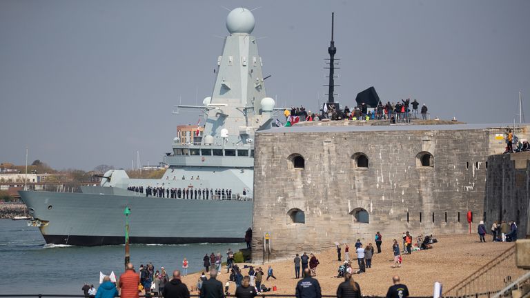 HMS Defender leaving Portsmouth on 1 May