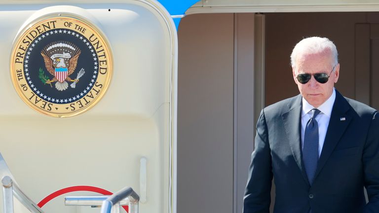U.S. President Joe Biden steps off Air Force One at Cointrin airport as he arrives ahead of a meeting with Russian counterpart Vladimir Putin in Geneva, Switzerland, June 15, 2021