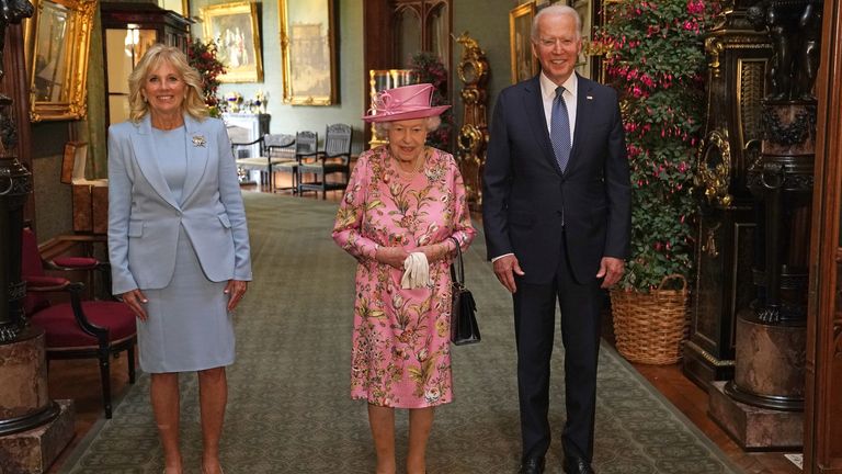 The Queen with Joe Biden and Dr Jill Biden in the Grand Corridor of Windsor Castle