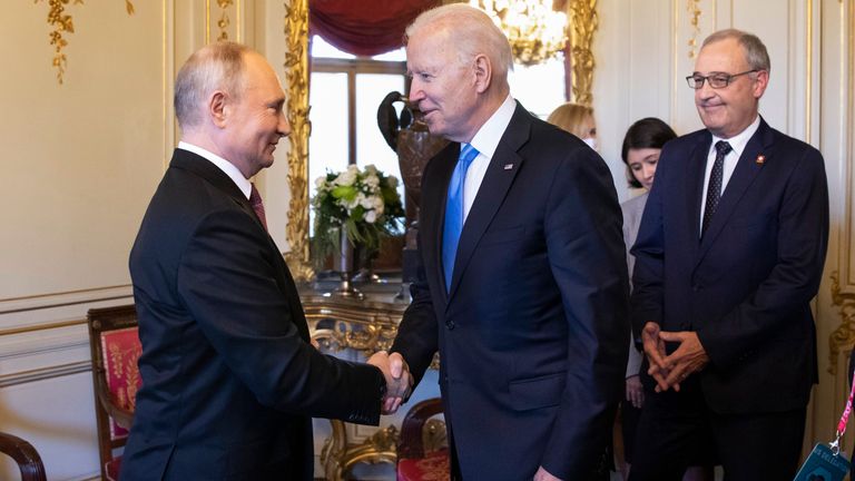 President Biden and President Putin shake hands in Geneva. Pic: AP