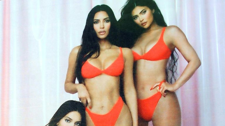 Kendall Jenner, Kim Kardashian and Kylie Jenner on a &#39;Skims&#39; Billboard in Los Angeles in 2021. Pic: gotpap/STAR MAX/IPx/AP