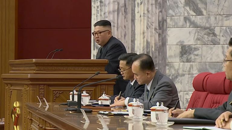 North Korean Leader Kim Jong Un speaks at a meeting of the Workers&#39; Party of Korea in this still image taken from KRT footage on 16 June