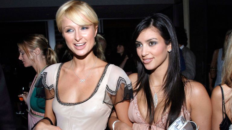 Paris Hilton (L) and Kim Kardashian at the international launch event to unveil the new image of Dom Perignon Rose Vintage 1996 by [Karl Lagerfeld], in Beverly Hills, California, June 2, 2006.
