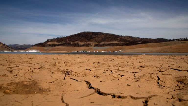 Dry land is visible, at a section that is normally under water, on the banks of Lake Oroville