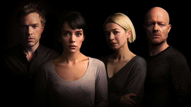 (L-R) Hadley Fraser, Lily Allen, Julia Chan, Jake Wood will star in a new play by Danny Robins at the Noel Coward Theatre
