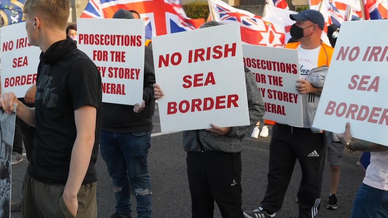 The loyalist protesters are opposed to the idea of a border in the Irish Sea 