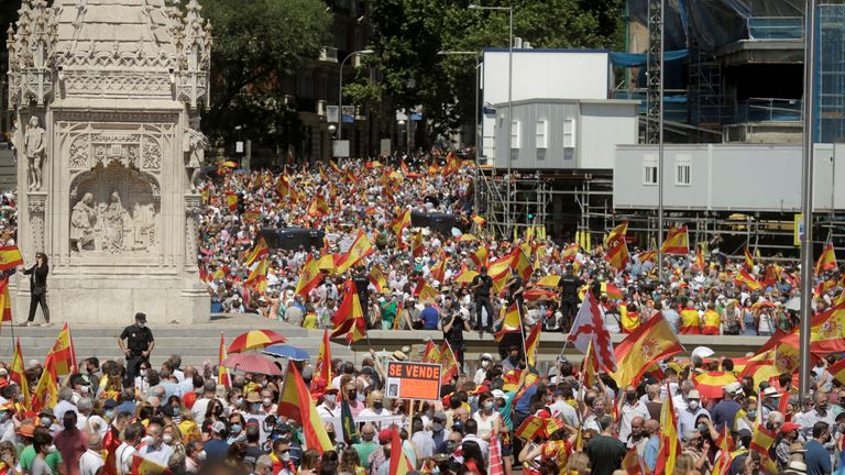 People demonstrating earlier this month against pardoning the Catalonian leaders