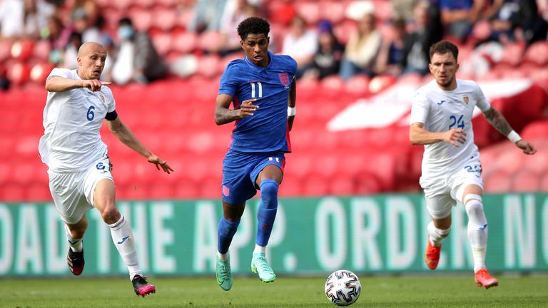 England&#39;s Marcus Rashford (centre) and Romania&#39;s Vlad Chiriches battle for the ball during the international friendly match at Riverside Stadium, Middlesbrough, on Sunday June 6, 2021