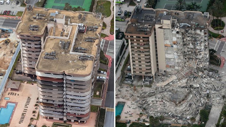 Before and after images show how a huge part of the residential building has now been reduced to pile and bricks and concrete