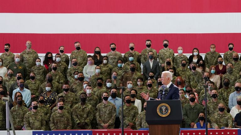 U.S. President Joe Biden delivers remarks to U.S. Air Force personnel and their families stationed at RAF Mildenhall, ahead of the G7 Summit, near Mildenhall, Britain June 9, 2021. REUTERS/Kevin Lamarque