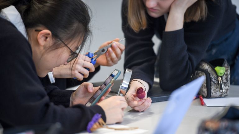 Students use a mobile phone in an art class at Royal High School Bath