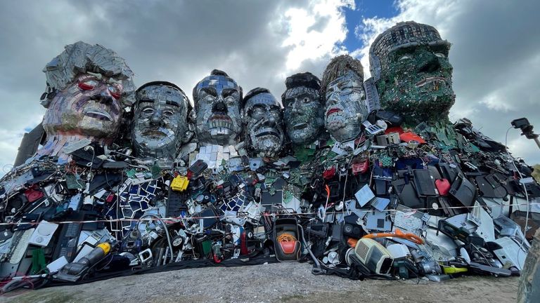 Mount Recyclemore: The E7, which has been created out of e-waste, in the likeness of the G7 leaders and in the style of Mount Rushmore by British artist Joe Rush