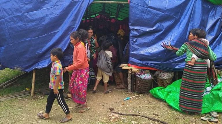 People displaced by fighting in north-western Myanmar between junta forces and anti-junta fighters are seen at a camp in Chin State, Myanmar