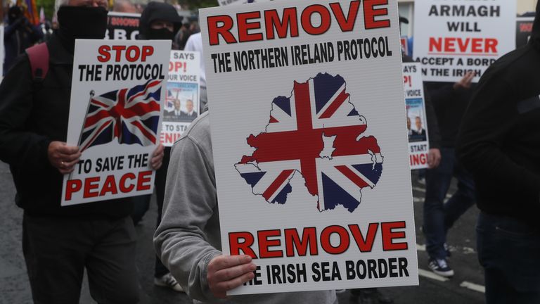 Loyalists take part in an anti-Northern Ireland Protocol rally in Portadown, Co Armagh