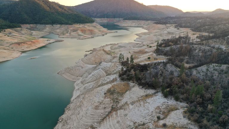 An aerial view shows low water levels at Lake Oroville, which is the second largest reservoir in California