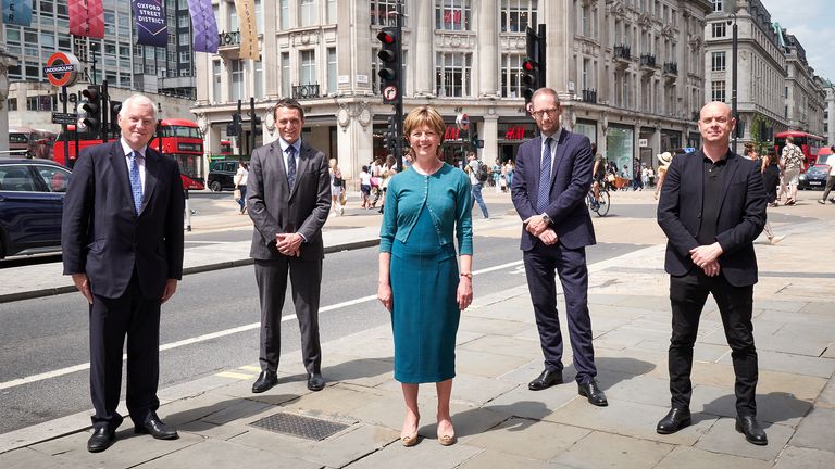 Undated handout photo issued by Westminster City Council of (left to right) Cllr Melvyn Caplan, Deputy Leader of the Council, Dan Labbad, CEO of The Crown Estate, Cllr Rachael Robathan, Leader of the Council, James Cooksey, Director of Central London at The Crown Estate, Elad Eisenstien Oxford Street District Programme Director as the famous shopping and leisure district will be transformed into two ..piazzas.. and prioritise pedestrians. Issue date: Wednesday June 16, 2021.