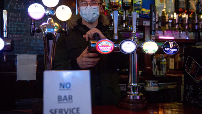 Bar staff at the The Oak Inn in Coventry, West Midlands, as indoor hospitality and entertainment venues reopen to the public following the further easing of lockdown restrictions in England. Picture date: Monday May 17, 2021.