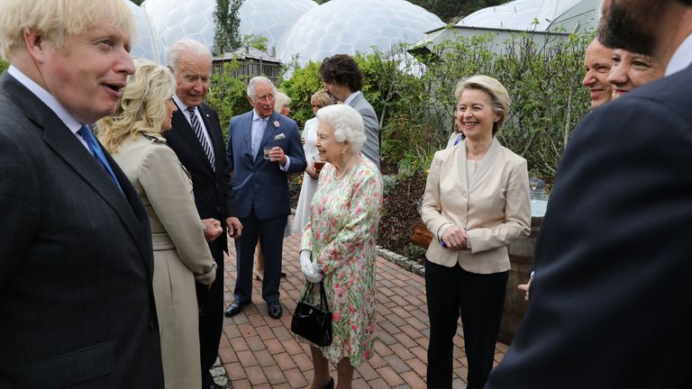 The Queen speaks to Joe and Jill Biden as they attend a reception at the Eden Project for G7 leaders, including Boris Johnson