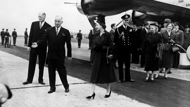 Princess Elizabeth and the Duke of Edinburgh are greeted by Harry Truman in Washington DC in 1951