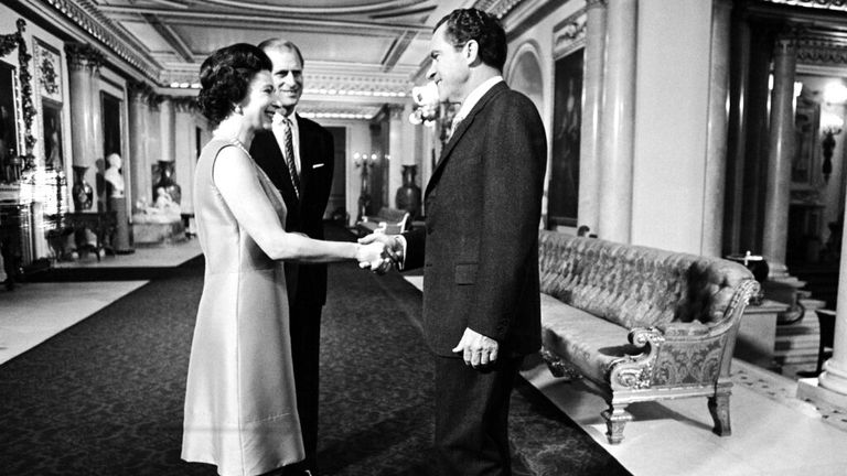 The Queen meets Richard Nixon in February 1969 at Buckingham Palace.Pic: AP