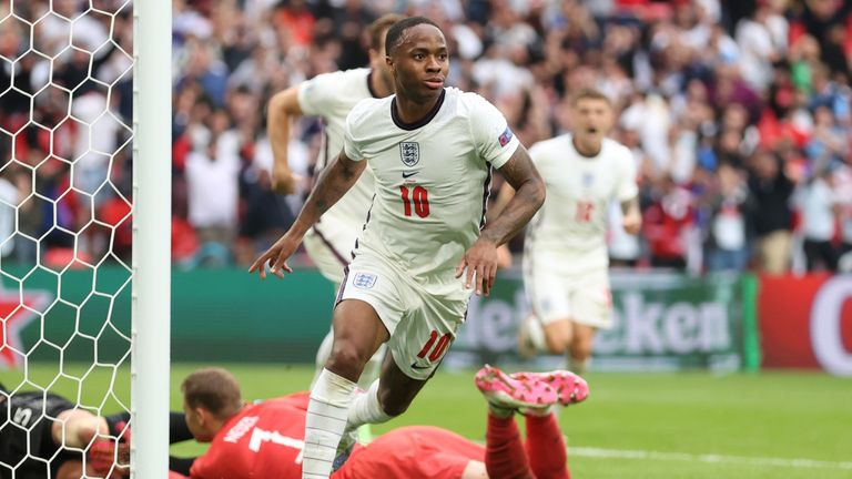 Soccer Football - Euro 2020 - Round of 16 - England v Germany - Wembley Stadium, London, Britain - June 29, 2021 England&#39;s Raheem Sterling celebrates scoring their first goal Pool via REUTERS/Catherine Ivill
