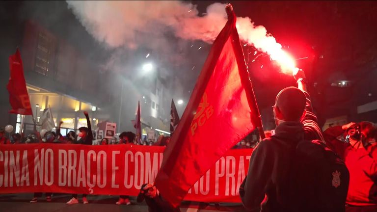 Anti-Bolsonaro protesters march in Sao Paulo, Brazil.