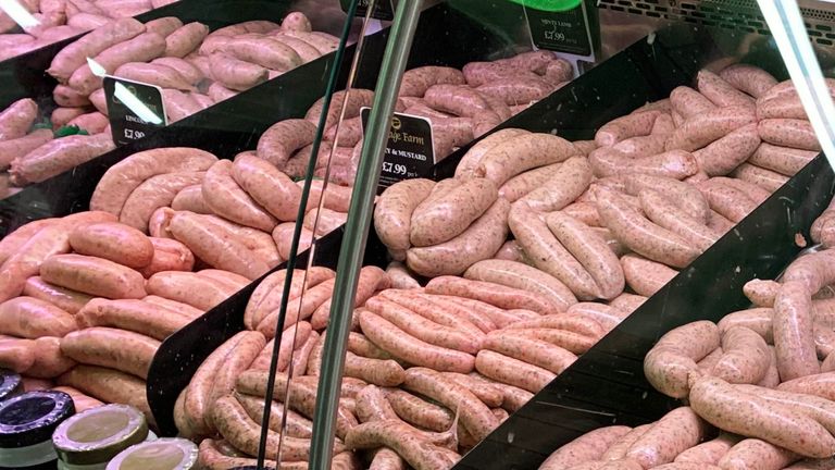 Sausages for sale at butchers at Polhill Farm Shop near Sevenoaks 20/3/2020