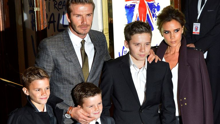 Victoria and David Beckham with children (L to R) Romeo, Cruz and Brooklyn at the premiere of Spice Girls musical Viva Forever in 2012