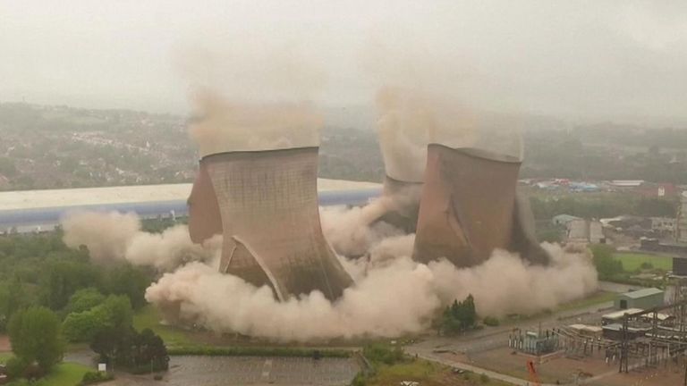 Watch moment British power station cooling towers crumble in controlled explosion