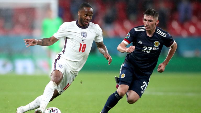 England&#39;s Raheem Sterling (left) and Scotland&#39;s Billy Gilmour battle for the ball during the UEFA Euro 2020 Group D match at Wembley Stadium, London. Picture date: Friday June 18, 2021.