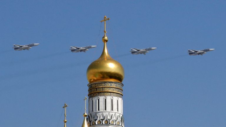 Sukhoi Su-24M bombers pictured over Moscow in May 2019