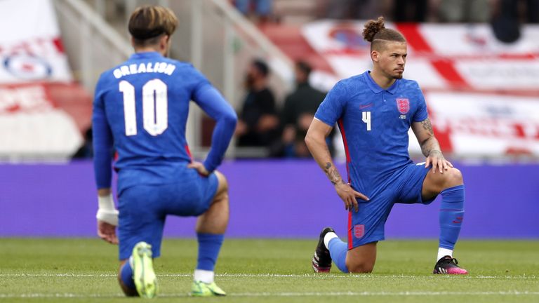 England&#39;s Jack Grealish and Kalvin Phillips take a knee before the international friendly match at Riverside Stadium, Middlesbrough on Sunday June 6, 2021