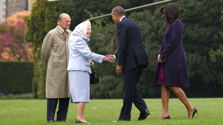 The Queen greets Barack Obama during his final UK visit in November 2016. Pic: AP