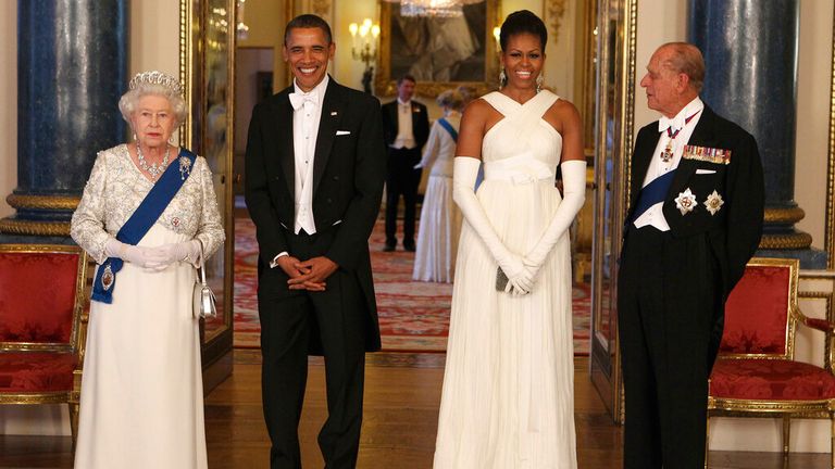 The Queen and Prince Philip and the Obamas at a state banquet in May 2011. Pic: AP
