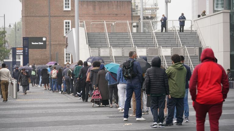 Large queues were seen outside outside Tottenham Hotspur&#39;s stadium, waiting to be vaccinated