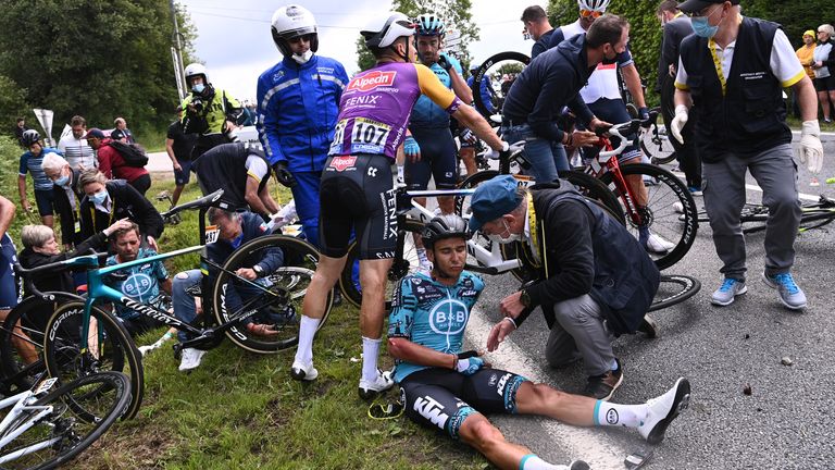 Several riders came off their bikes during two big pile-ups on the first stage of the Tour de France