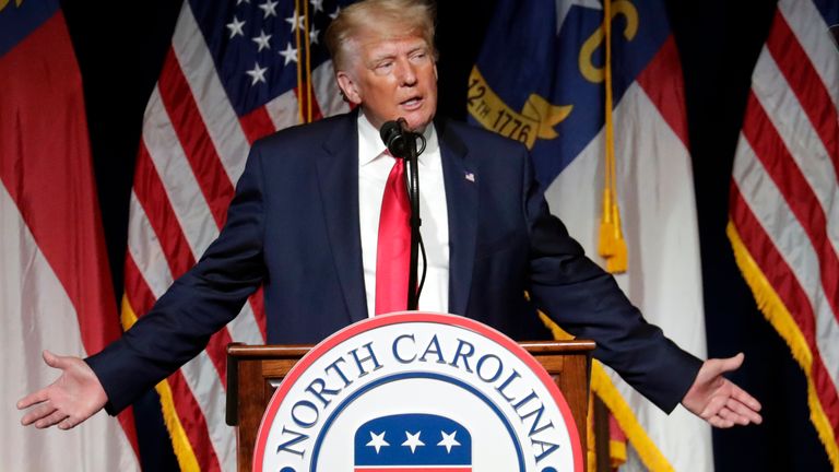 Former President Donald Trump speaks at the North Carolina Republican Convention Saturday, June 5, 2021, in Greenville, N.C. (AP Photo/Chris Seward)